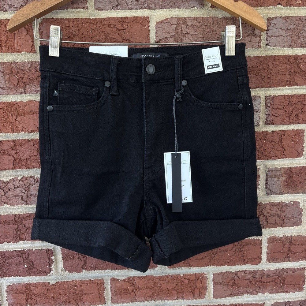 Judy Blue High Waist Tummy Control Cuffed Denim Shorts Black‎ Women's Small NWT